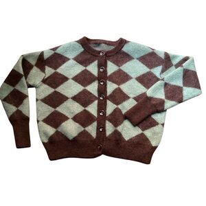 Brown and Green Argyle Boxy Fit Mohair Blend Cardigan